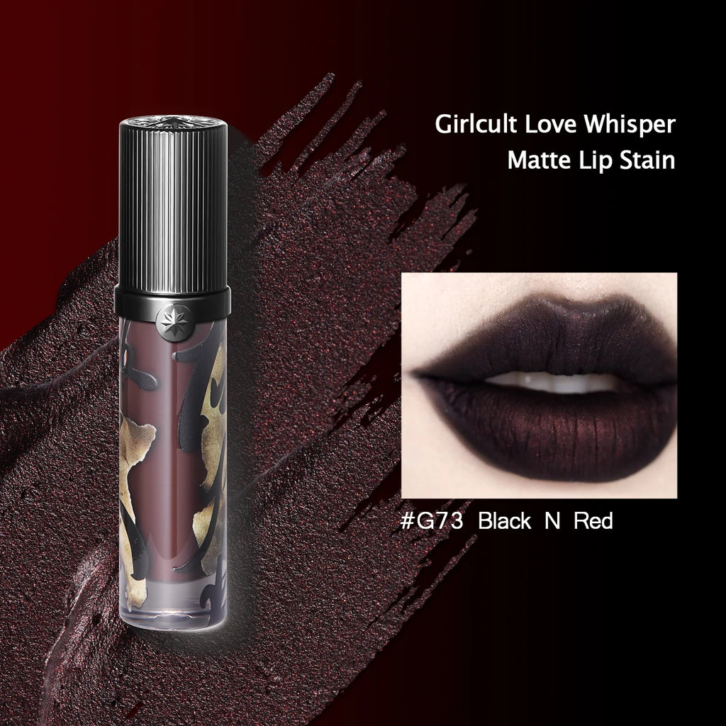 Girlcult Love Whisper Matte Lip Stain in G73 Black N Red: deep velvet matte texture, soft-focus finish for lips.