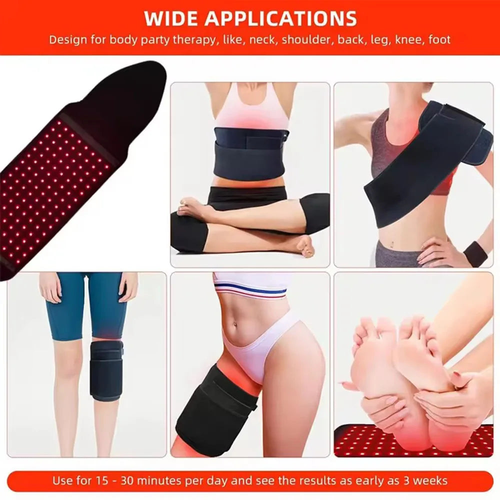 Red light therapy belt wrap for pain relief, showing infrared LEDs on back, shoulder, waist, knee, and foot.