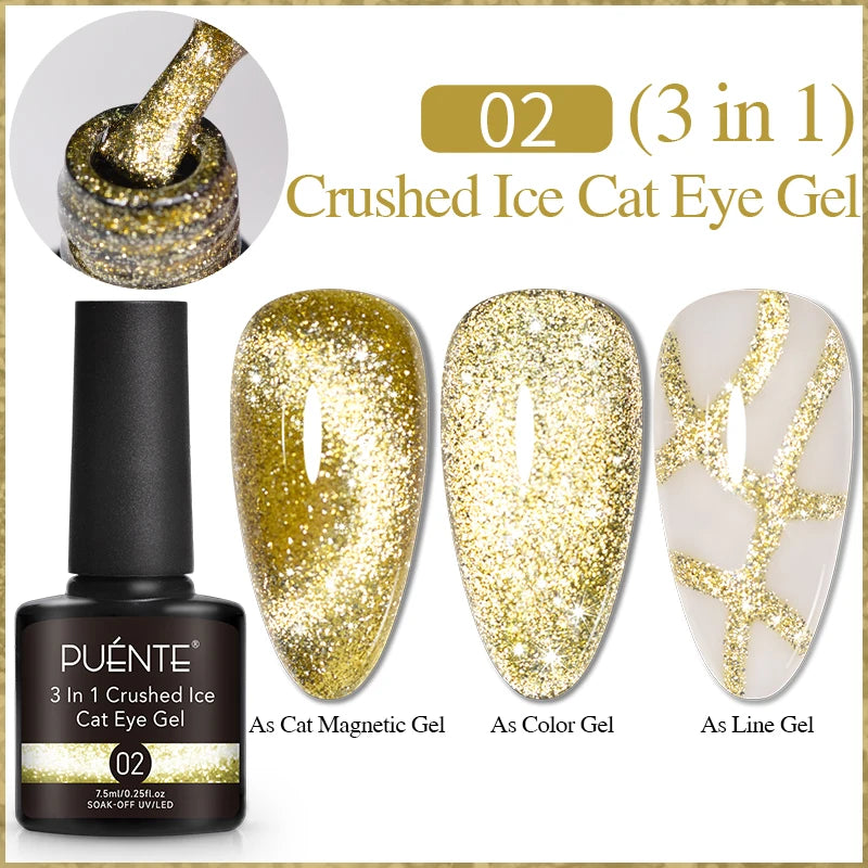 Gold crushed ice cat eye nail gel in a 7.5ml bottle with three swatch examples showing magnetic, solid, and line use.