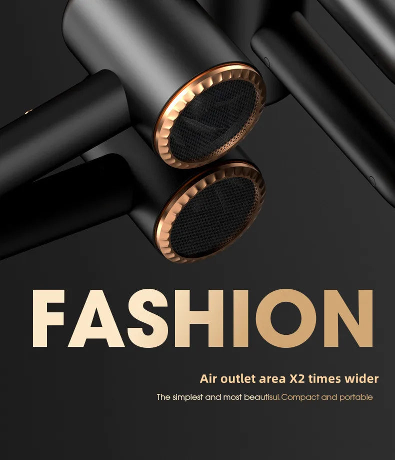 Matte black high-speed hair dryer with gold trim, featuring a wide air outlet for professional home styling.