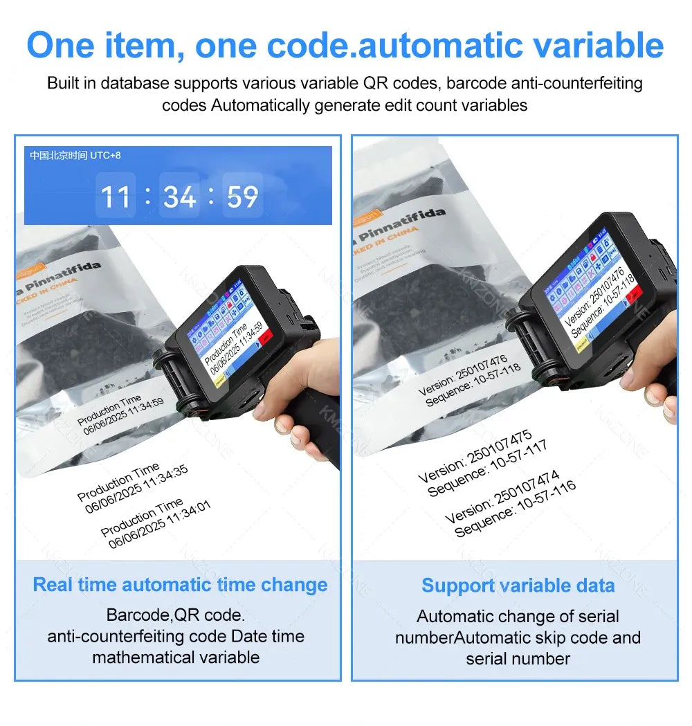 Mini handheld inkjet printer with screen showing QR and barcode variable data
