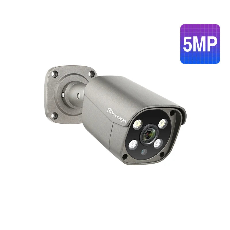 Gray outdoor security POE bullet camera with black lens hood and LED ring