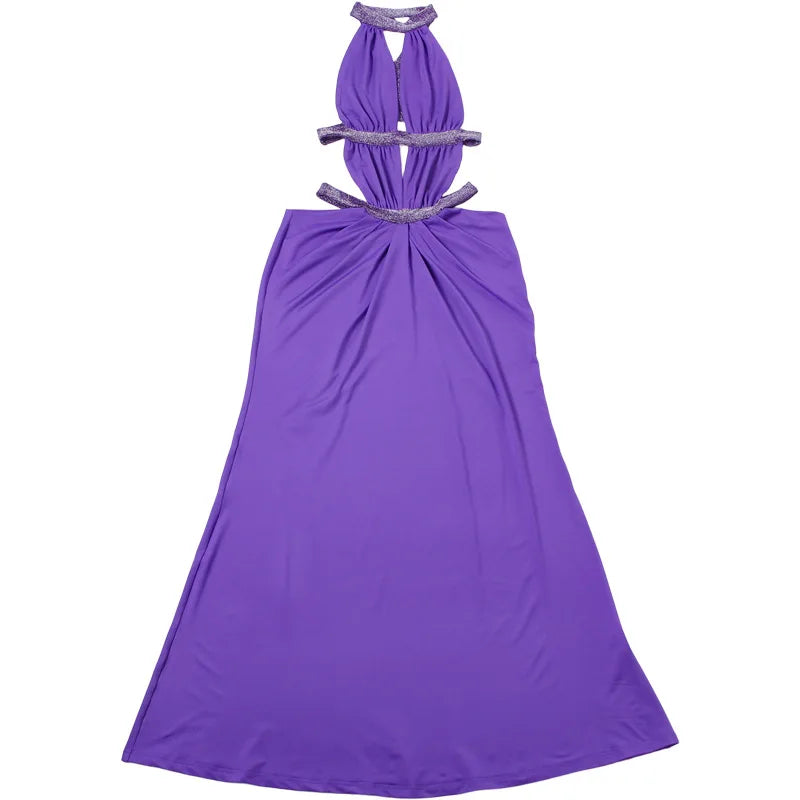 Sexy Women's Maxi Dress Halter Hollow Out Backless Sleeveless Ruched Evening Long Dresses Party Chic Robe Green Purple Summer