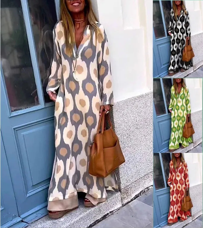 2024 Autumn Causal V NeckWomen Geometric  Maxi Dress  Long Sleeve Dresses Female Holiday Beach Boho Dress