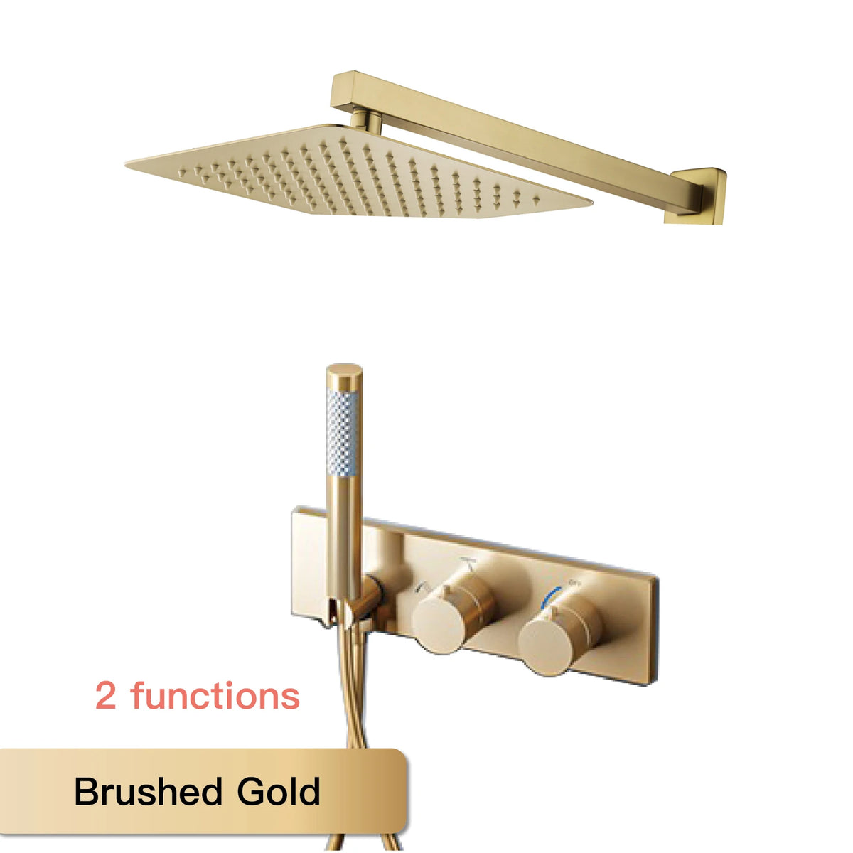 Brushed gold thermostatic ceiling shower set with rainfall head and 2-function wall mixer