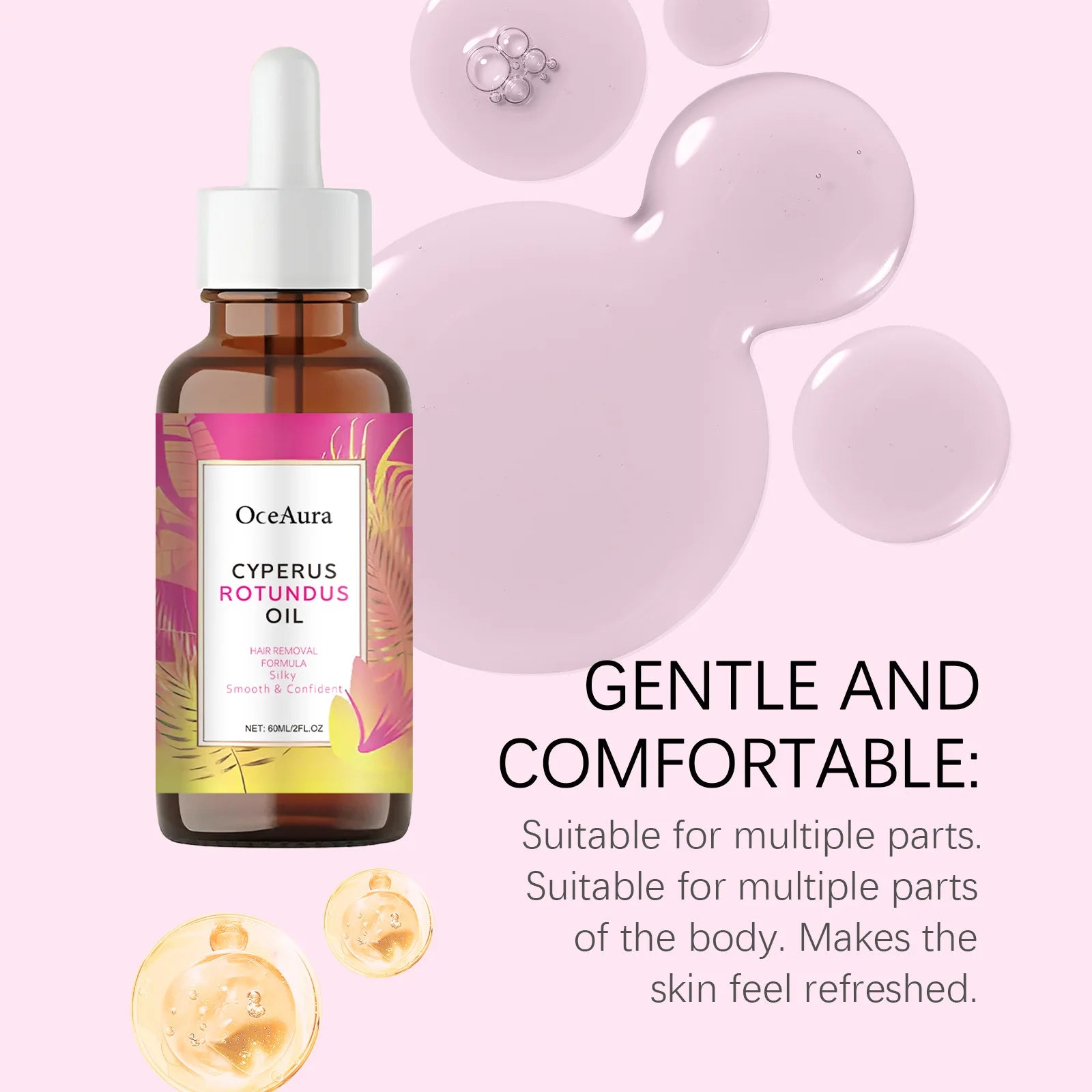 Oceaura Cyperus Rotundus Oil, moisturizing hair removal essential oil in a 60ml amber dropper bottle for smooth skin.