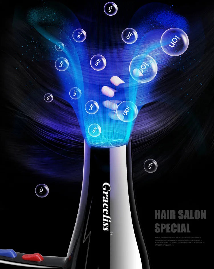 Black Graceliss professional ionic hair dryer with blue wind, salon-grade blow dryer for fast, healthy hair styling.