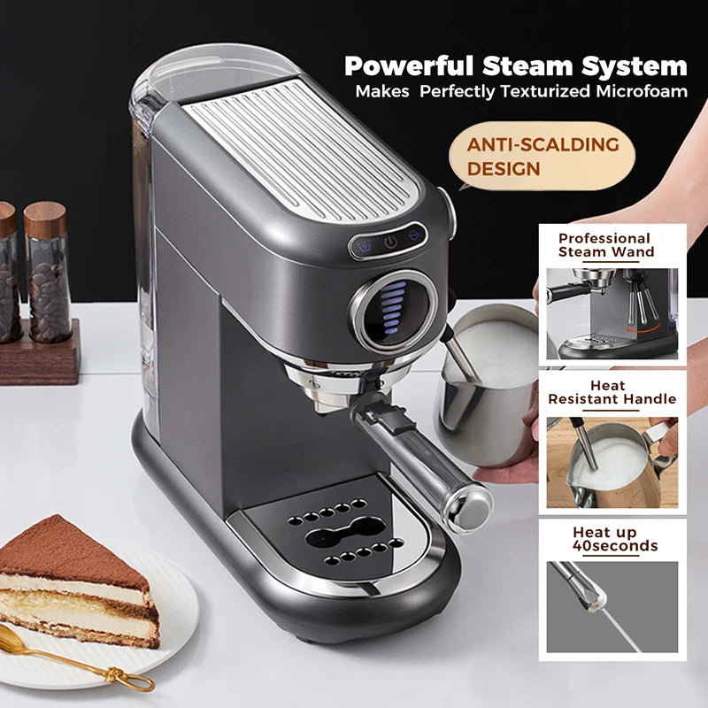 Compact matte gray espresso machine with professional steam wand, heat-resistant handle, and fast heating system.