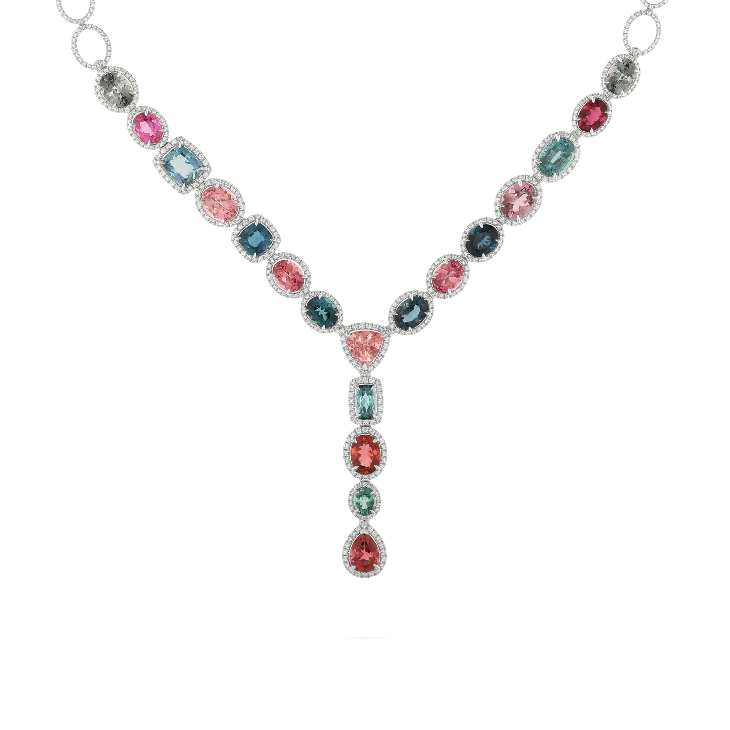 Luxury Women's 18K Solid Gold Pendant Necklace With Multicolor Gemstones Bezel Set Oval Link Chain Wedding Jewelry