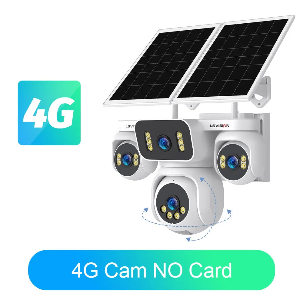 4G solar security camera with four lenses, no SD card included.