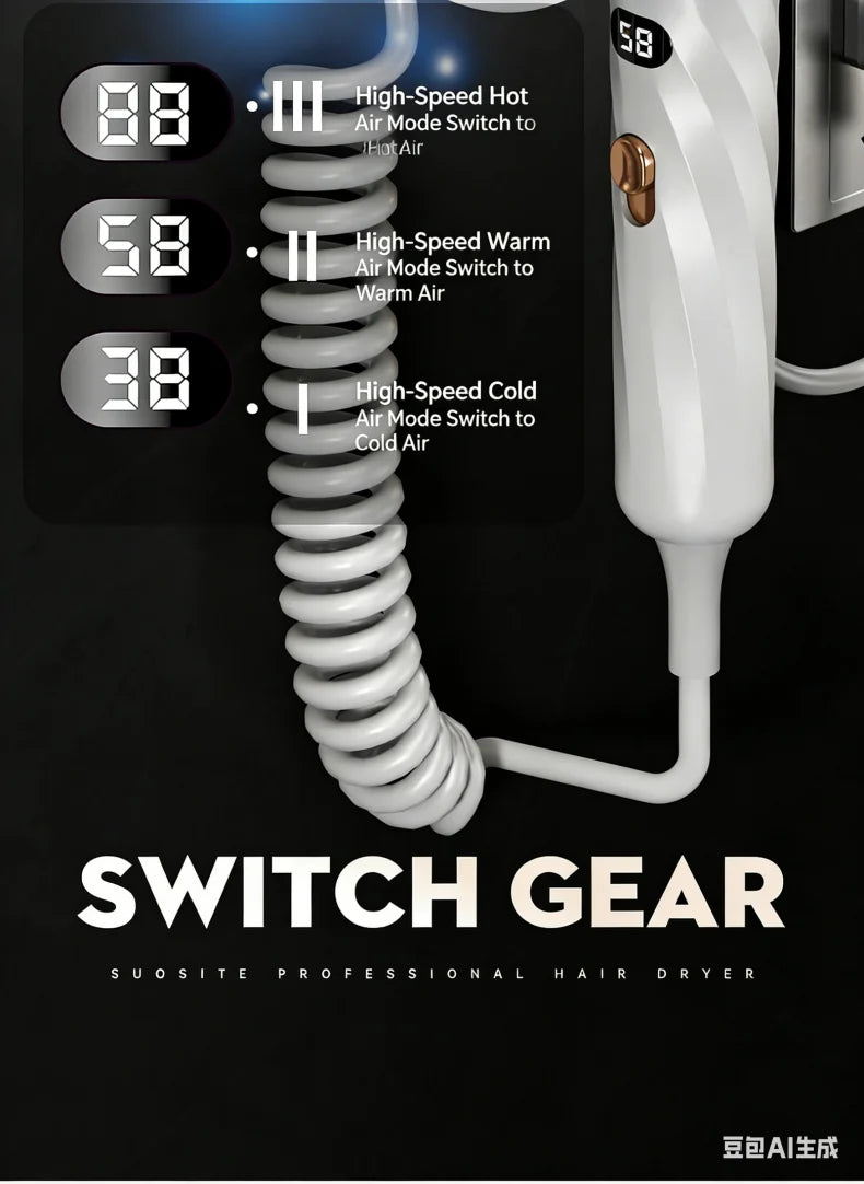White 1800W wall-mounted hair dryer with coiled cord, LED temp display, and 3-speed hot/cold air settings for bathrooms.