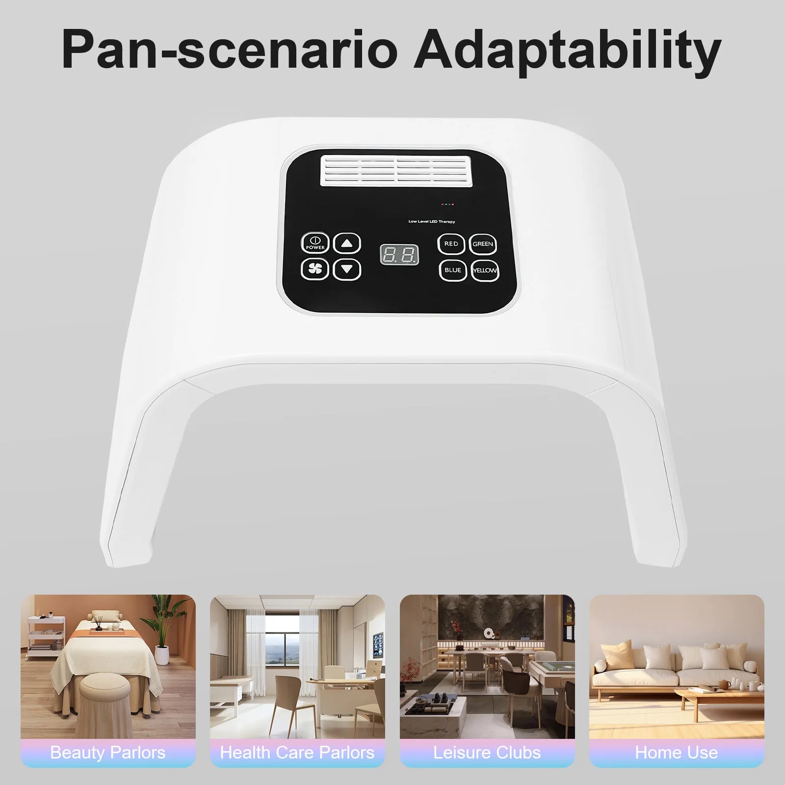 White arched LED light therapy lamp for skin care with digital control panel and multiple light settings.