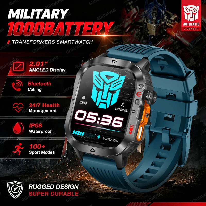 Blue rugged men’s smartwatch with dark face and blue silicone-style band