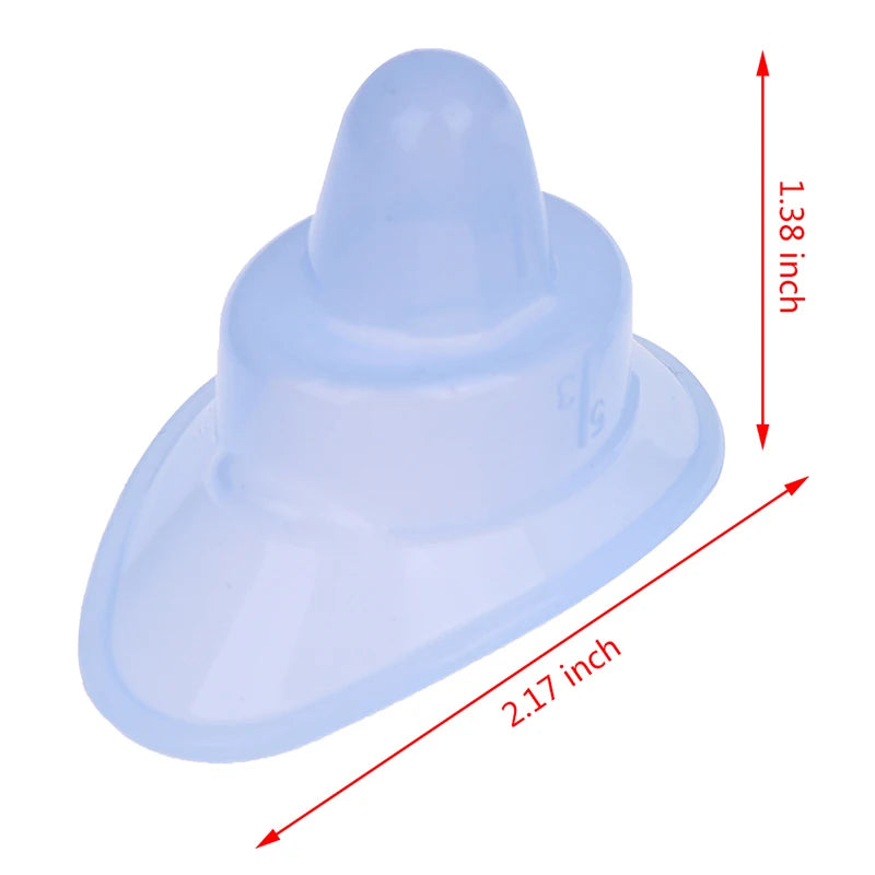 Blue reusable silicone eye wash cup for eye cleaning with dimensions 1.38 by 2.17 inches on white background.