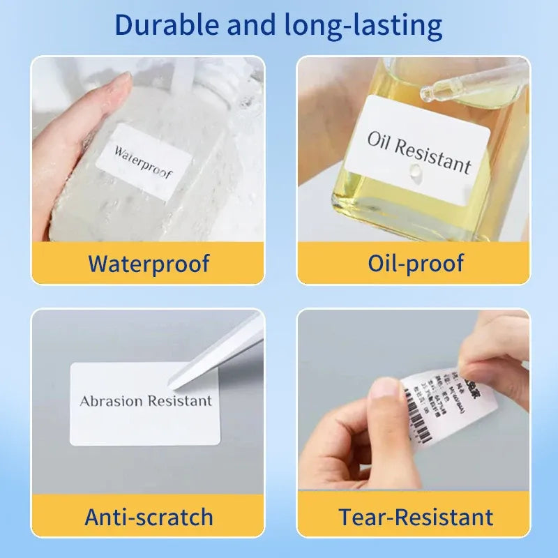 White rectangular thermal label stickers shown being handled and applied