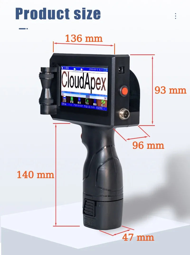 Handheld inkjet printer with front LCD screen and trigger handle, CloudApex branding
