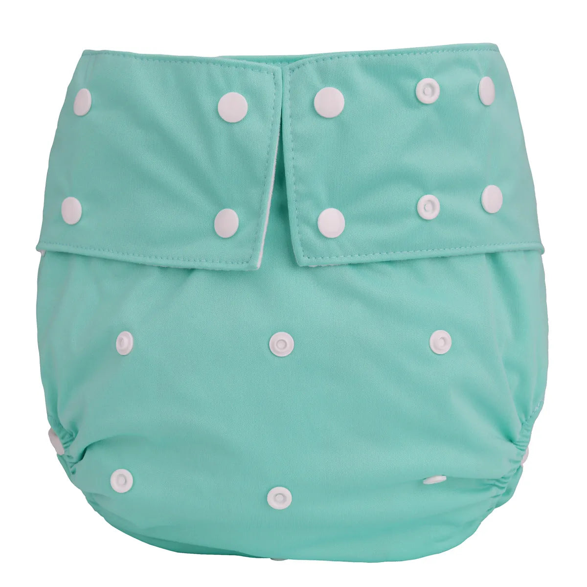 Adjustable solid mint green reusable cloth diaper for babies with white snap buttons.