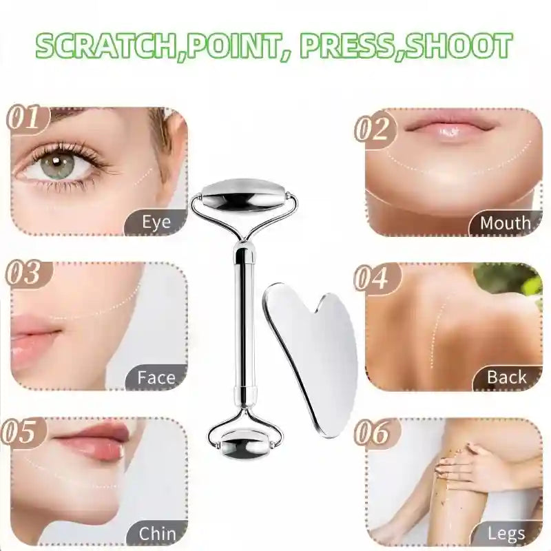 Silver metal face roller and heart-shaped gua sha tool for massaging the eyes, face, neck, and body.