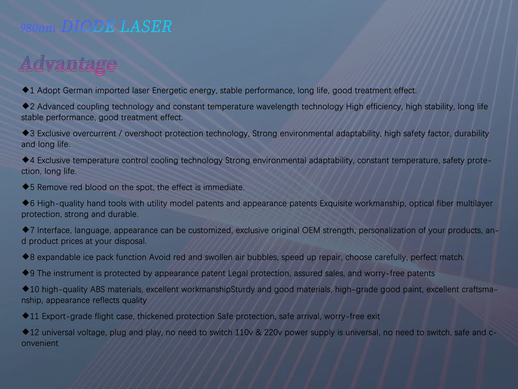 980nm diode laser medical device used for vascular treatments, presented as an informational technical slide.
