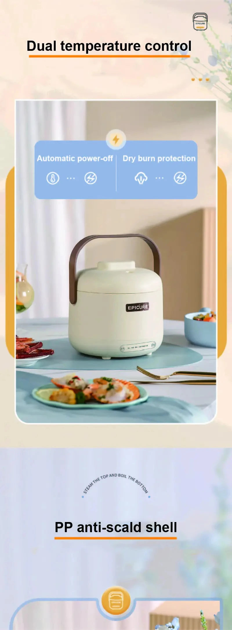 White dual temperature control rice cooker with handle and side serving bowl