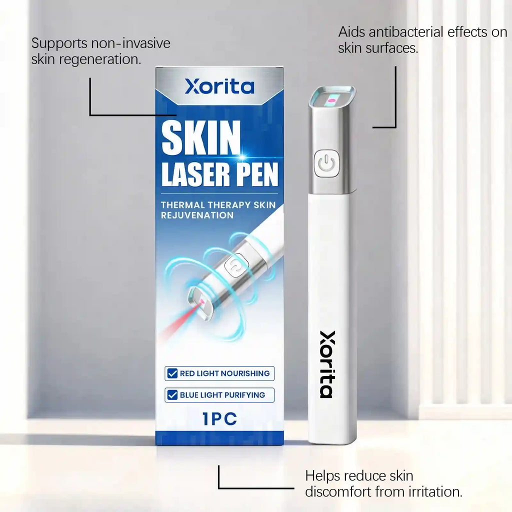 Xorita laser plasma skin tag remover pen and packaging for acne, freckles, and spot removal with red and blue light.