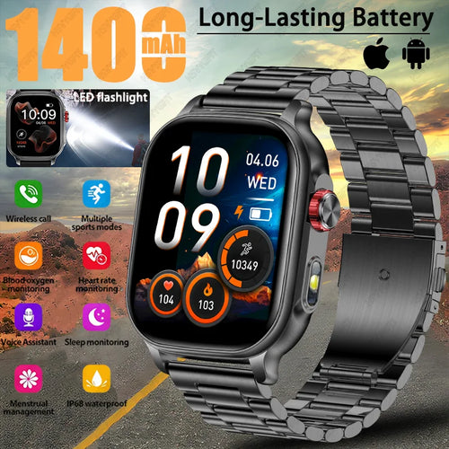 Black metal-strap smartwatch with touchscreen display and sports-style watch face