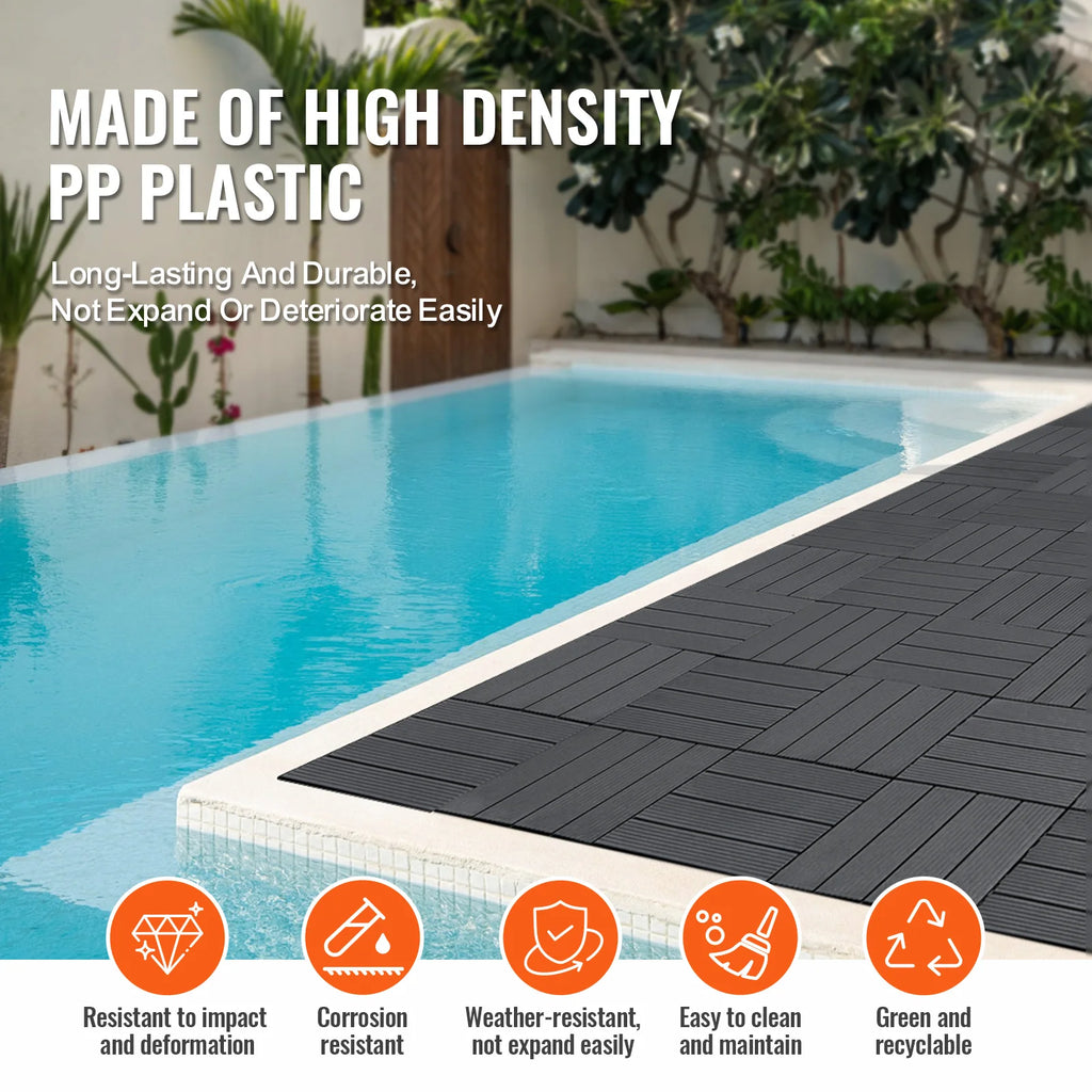 SucceBuy  Interlocking Deck Tiles Plastic Waterproof Outdoor Flooring All Weather Use Patio Floor for Porch Poolside Dark Grey