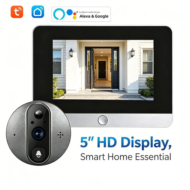 Smart Life Tuya WiFi 5 Inch Doorbell Video Camera with Peephole Eye 10000mAh Battery Mute Recording PIR Alexa & Google Digital