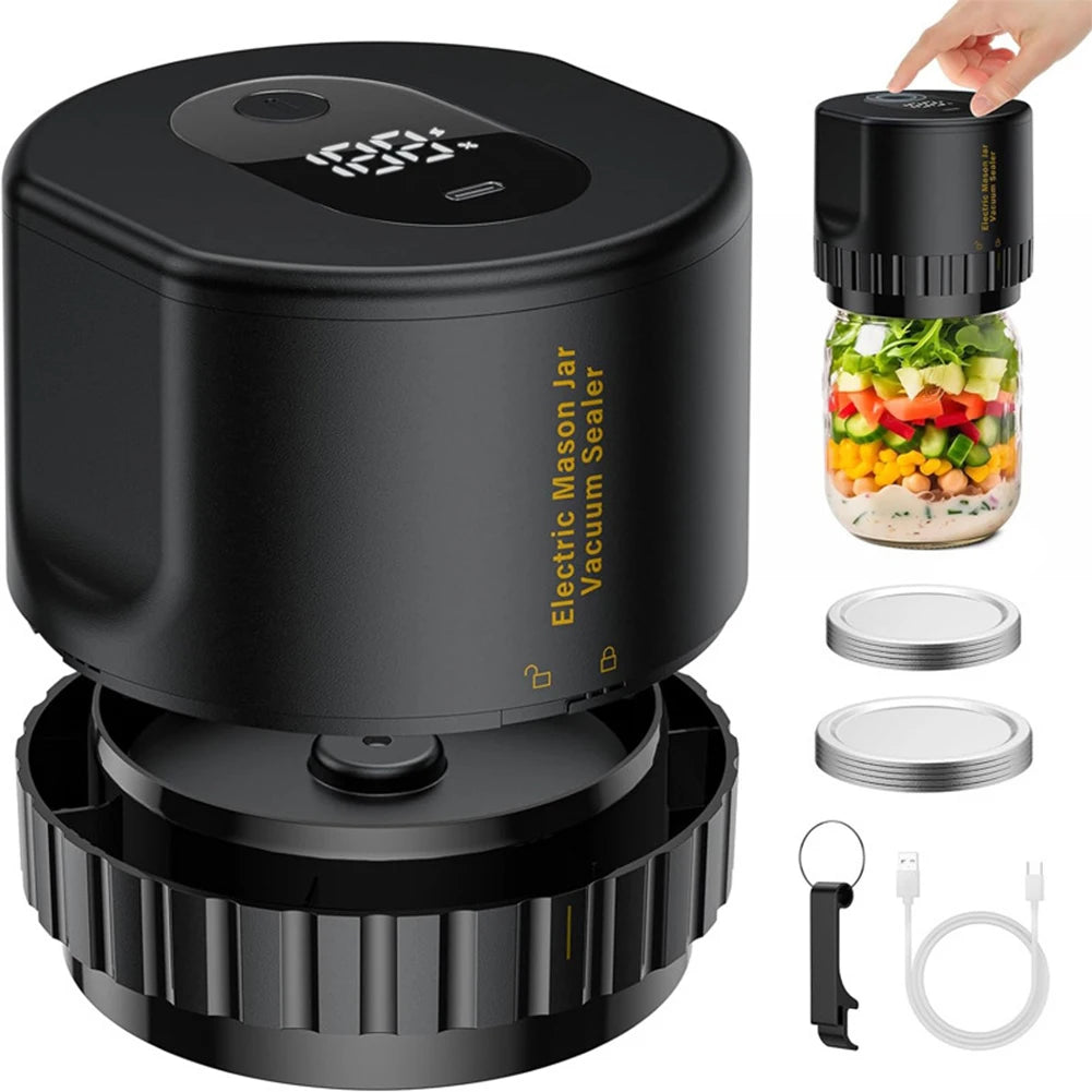 Black electric mason jar vacuum sealer with control top, includes jar sealing accessories