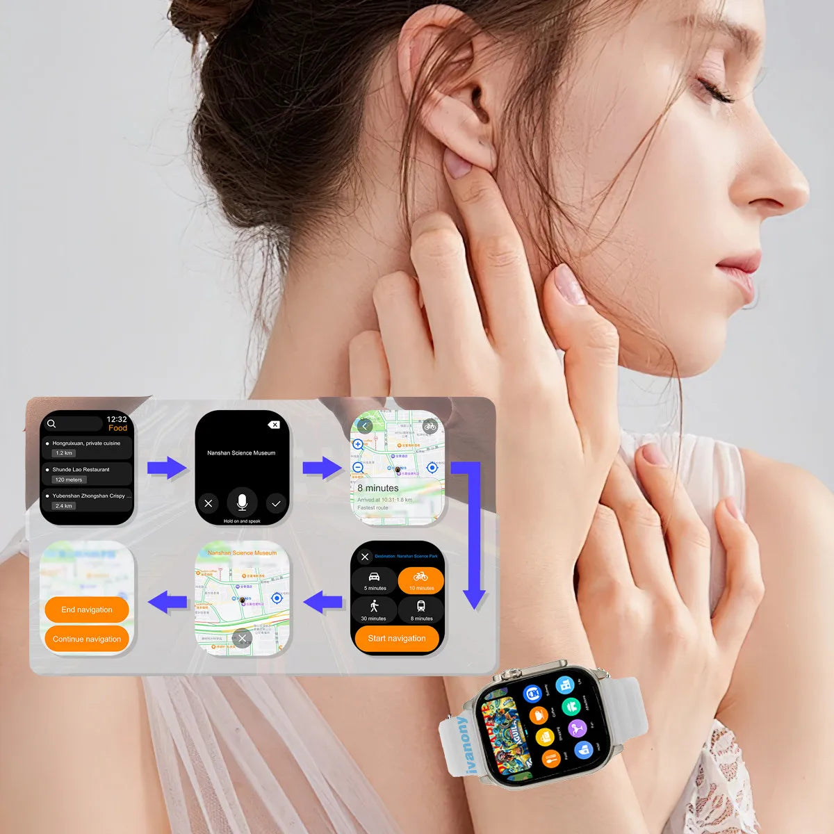 Ivanony Smart Watch DT Ultra 4 Smartwatch Men Support TWS Earphone Connect Bluetooth Call  Google Map Compass Amoled Smartwatch
