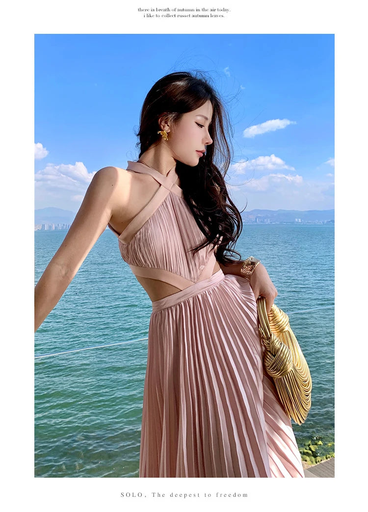 New Sexy Club Birthday Party Pleated Robe Long Dresses Women Summer Halter Neck Sleeveless Off The Shoulder Holiday Beach Dress