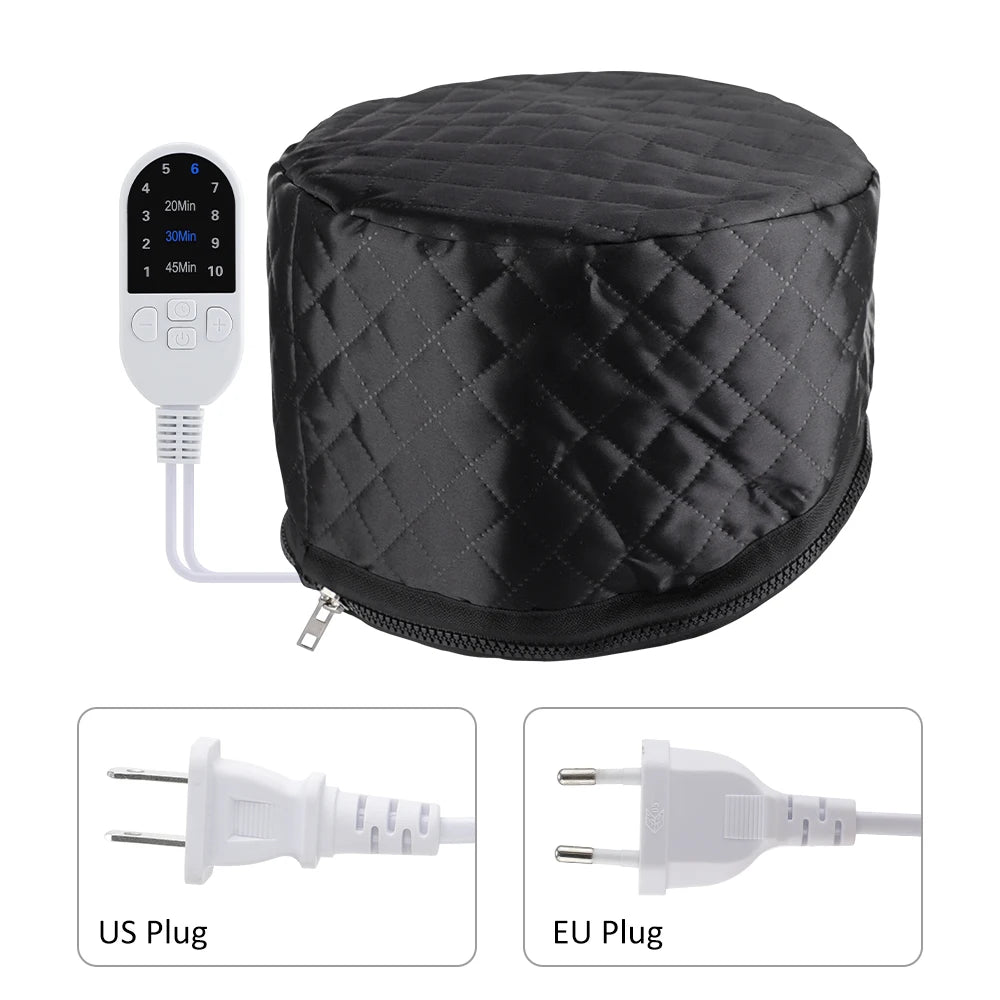 Black quilted thermal hair steamer cap with digital 9-level temp control, timer, and US/EU plug options for salon SPA.