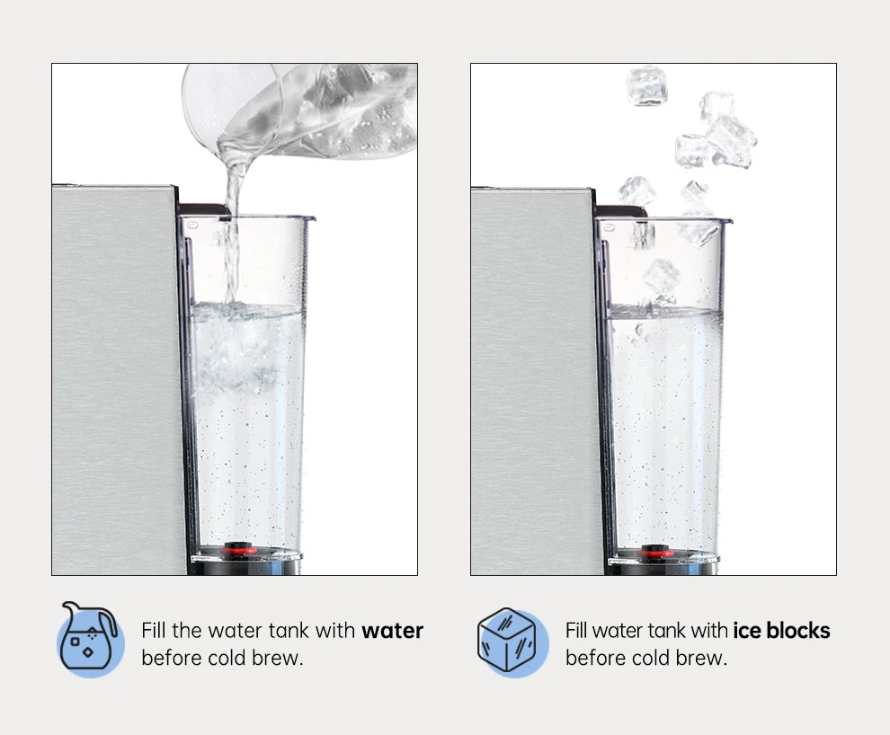 Stainless steel coffee maker transparent water tank being filled with water and ice cubes for cold brew instructions.