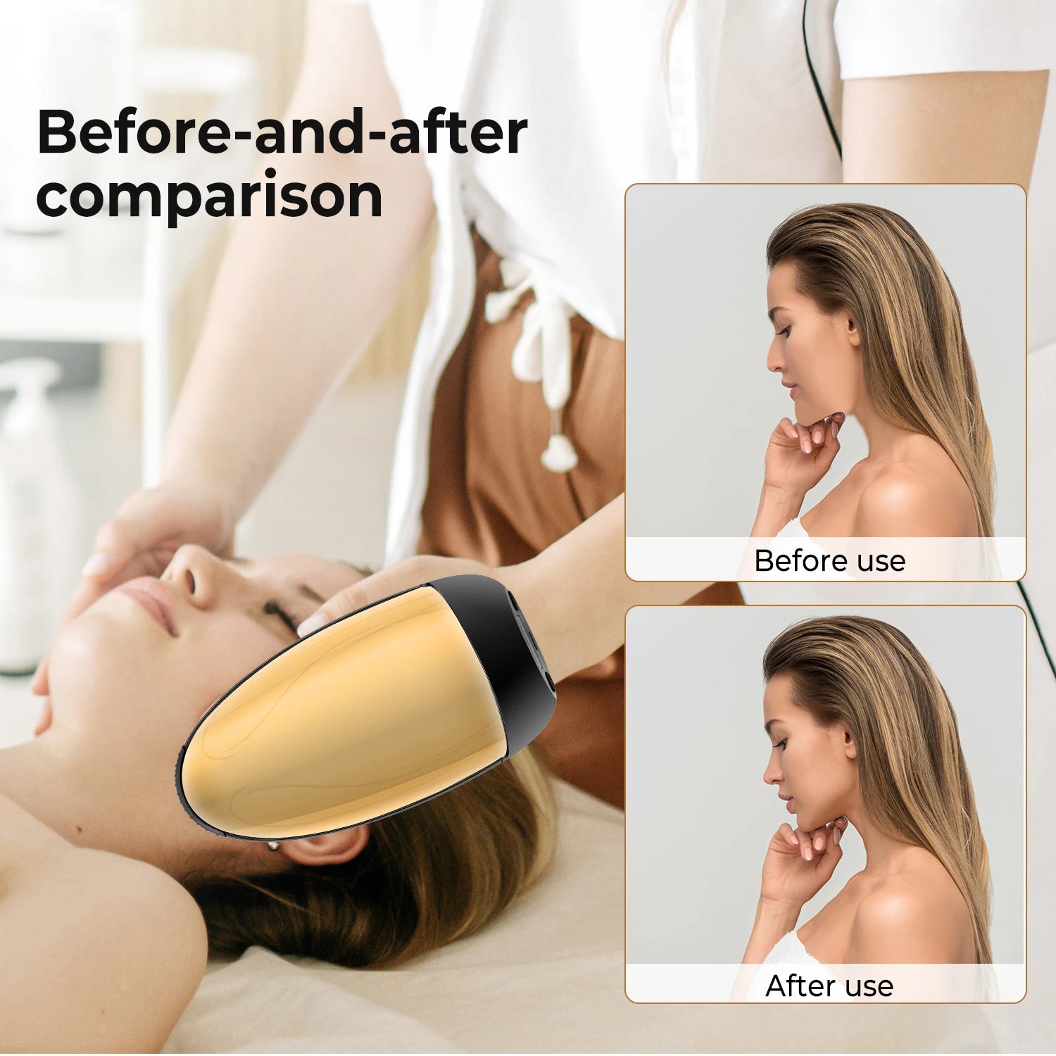 Gold, egg-shaped handheld facial massager with black base, shown in use on a person's face to improve skin appearance.