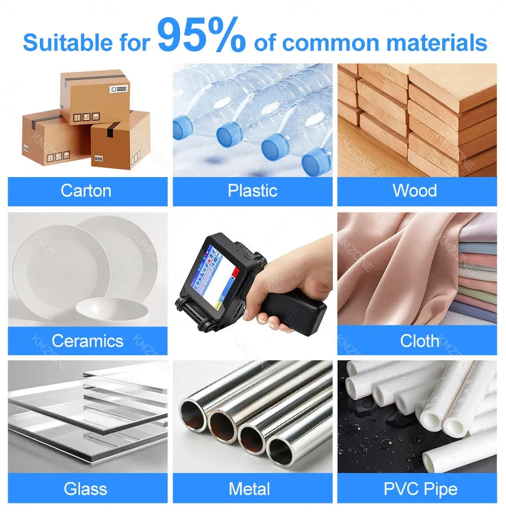 Mini handheld inkjet printer shown with print examples on multiple common materials