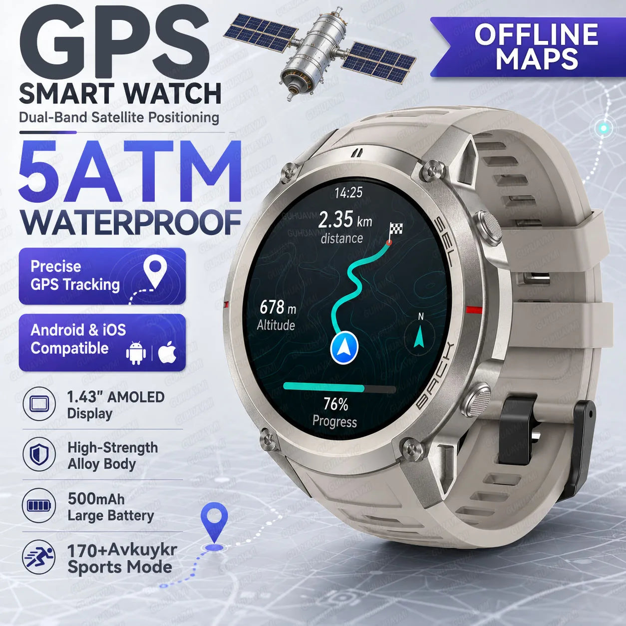 Rugged smartwatch with round silver case and light gray silicone strap, AMOLED display.