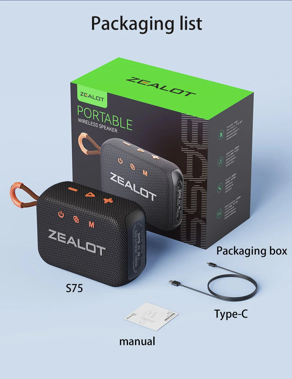 ZEALOT S75 10W Wireless Speakers, Outdoor Portable Subwoofer Speaker Waterproof IPX 6, Wireless Speaker, Dual Pairing,3000mAh.