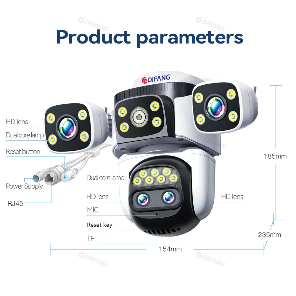 10K Outdoor 10X Optics Zoom WiFi6 Camera 20MP Three screen Four Len PTZ Automatic Tracking 6K Dual Lens Waterproof Security CCTV