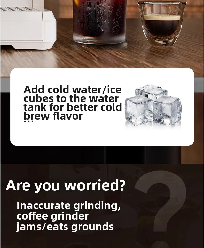 White coffee machine instructions suggesting adding ice to tank for cold brew flavor and troubleshooting grinder jams.