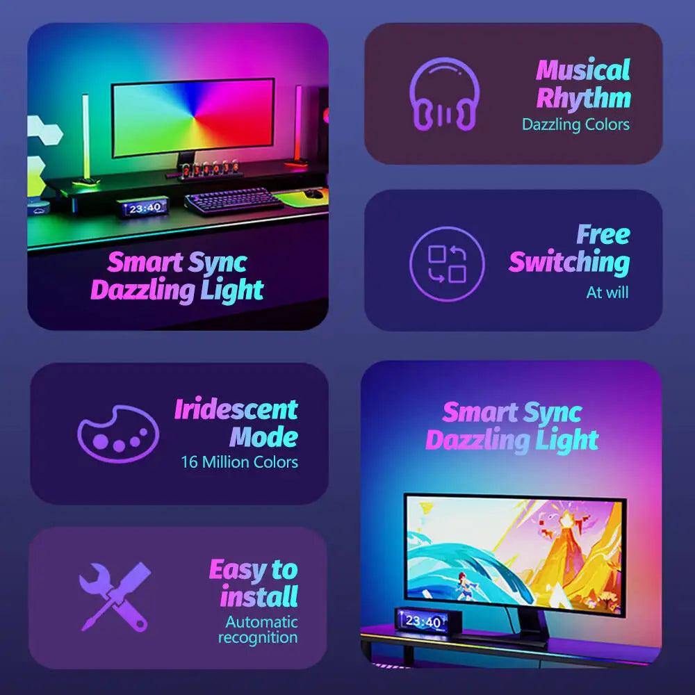 Upgraded PC Monitor Backlight RGBIC LED Light Strip Synchronized Screen Color/Music Computer Light Bar Double USB Port APP Contr