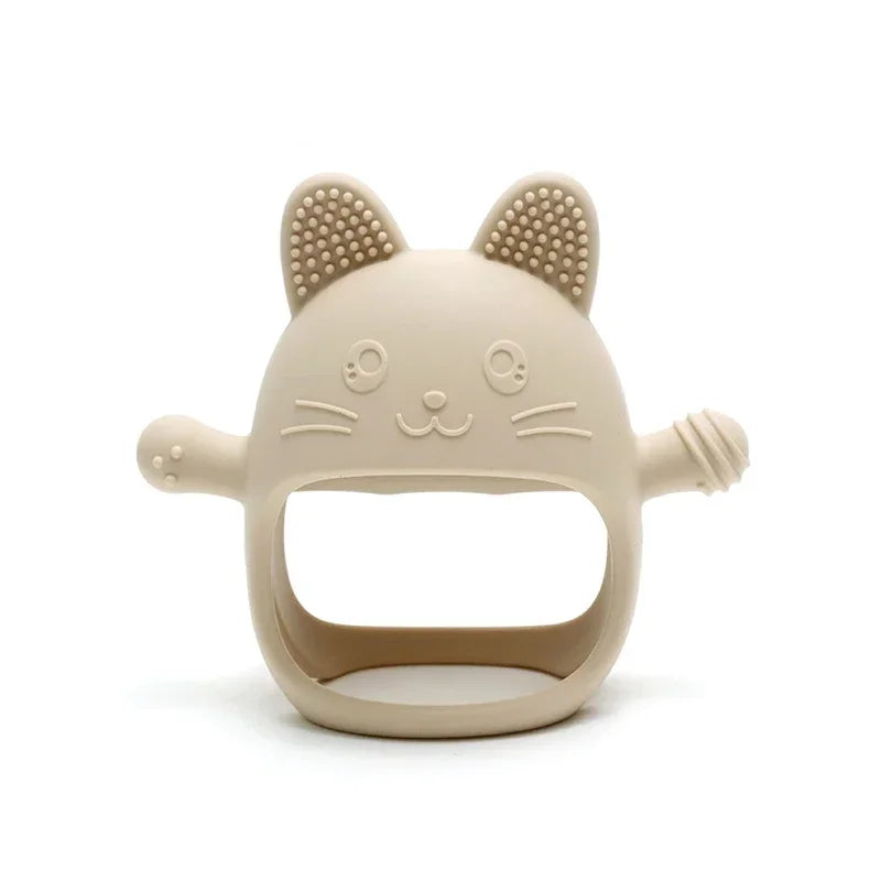 Beige cat-shaped silicone baby teething toy for soothing sore gums.
