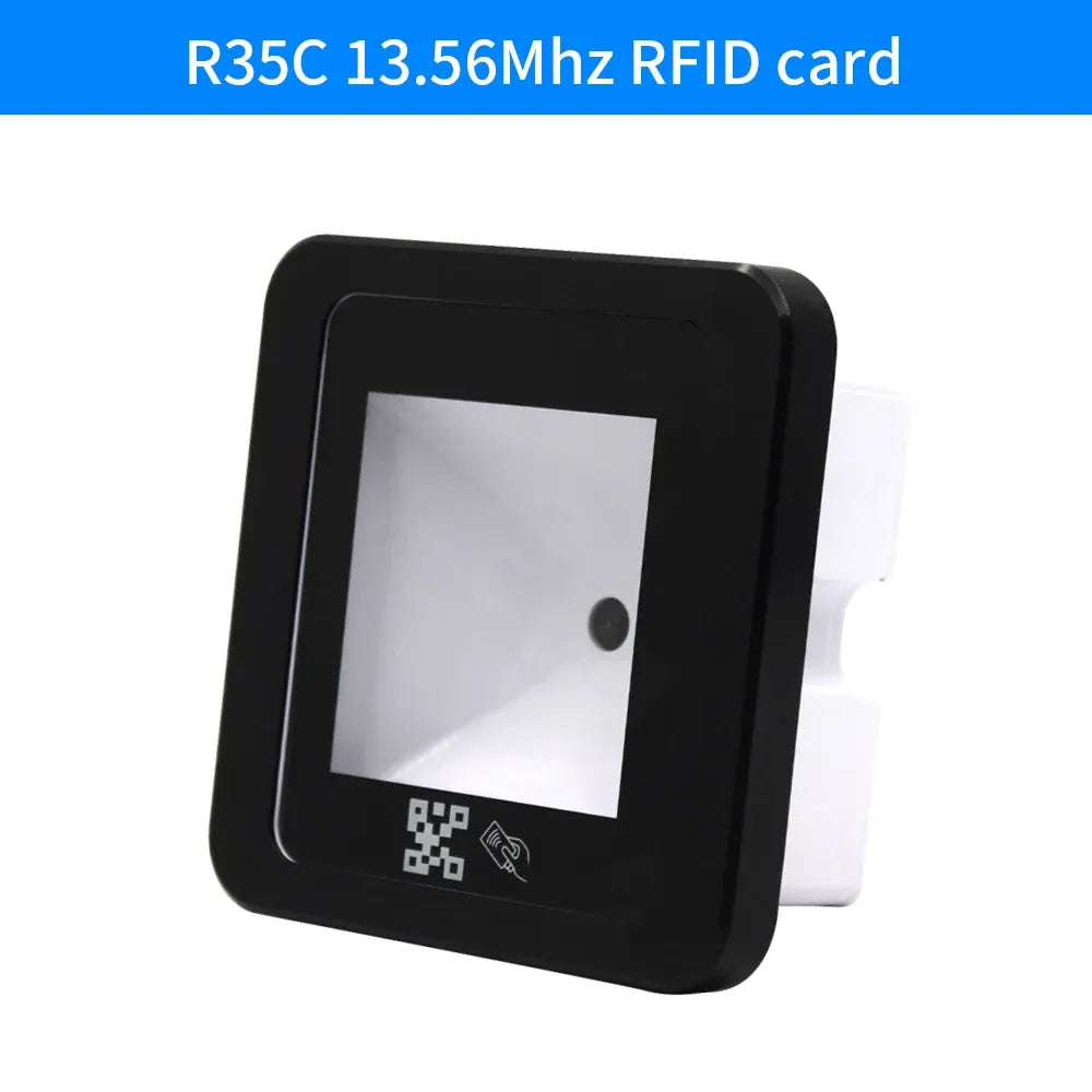 Black square RFID QR code reader with recessed display window and scan icon