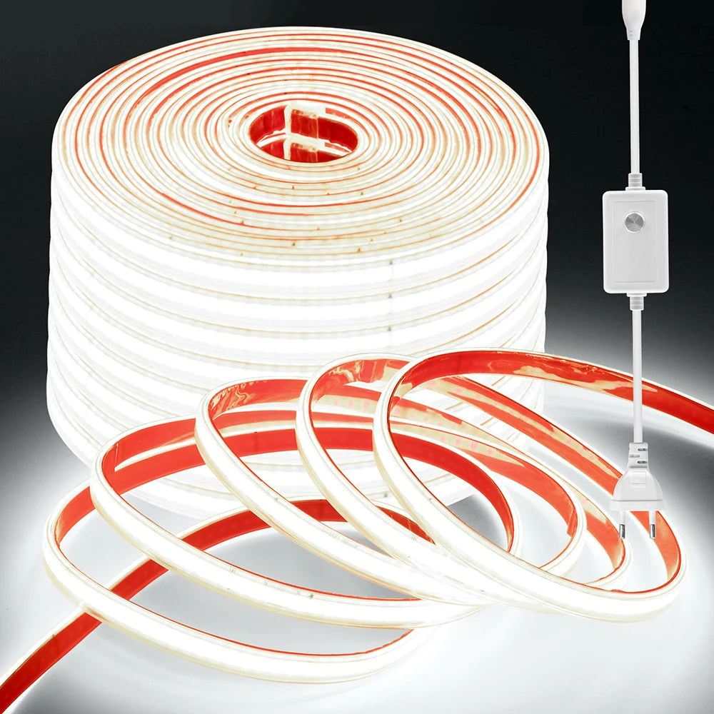 220V 10 Colors Dimmable COB LED Strip Light 240 LEDs Flexible Tape Dimmer EU Power Plug Kit TV Night Lights Home Linear Lighting