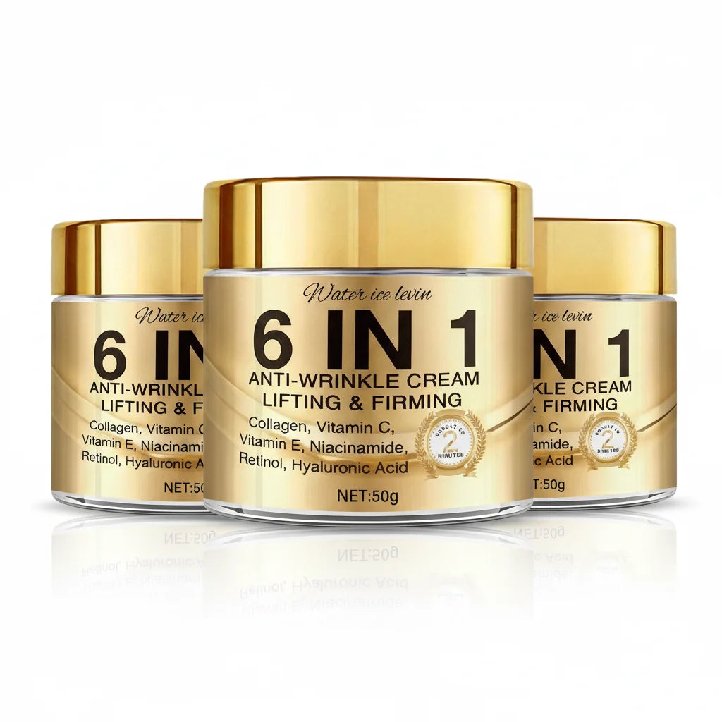 6-In-1 Anti-Wrinkle Cream. Lifts Firms Smooths Moisturizes. Collagen Vitamin C E Niacinamide Retinol Hyaluronic Acid. 50g