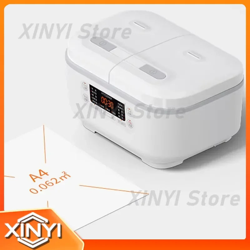 White mini smart rice cooker with front control panel and rectangular lid