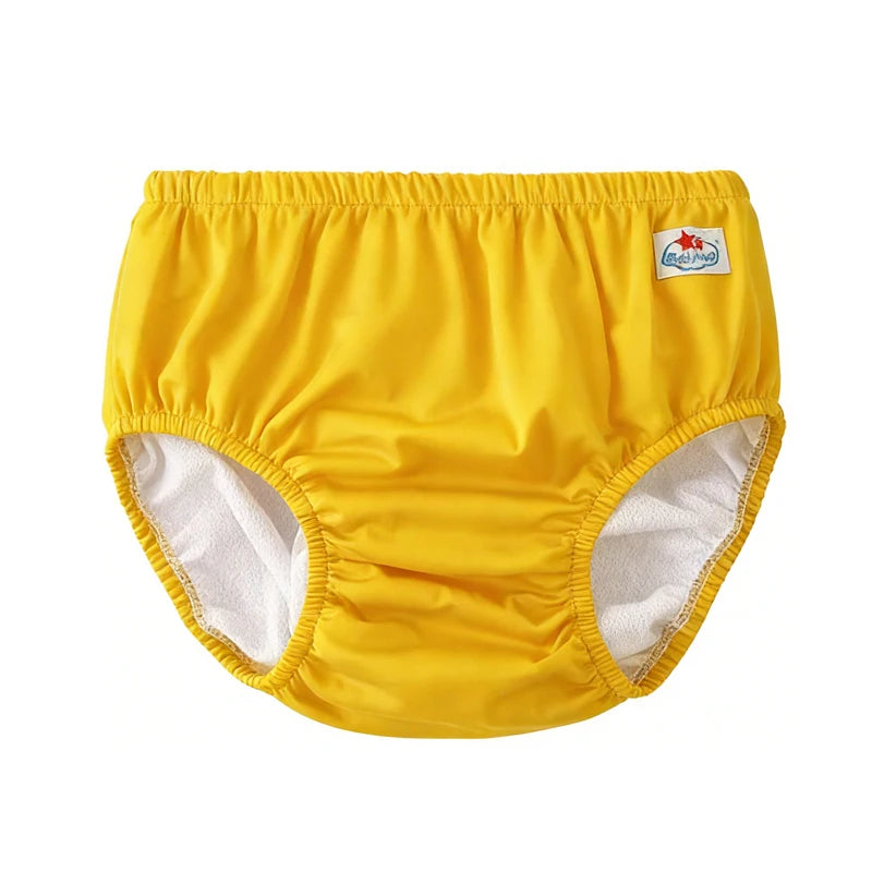 Yellow waterproof reusable baby diaper cover with elastic trim, essential baby care for protection.
