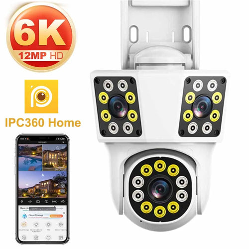 Outdoor PTZ security camera with 3 lens modules and white mount housing