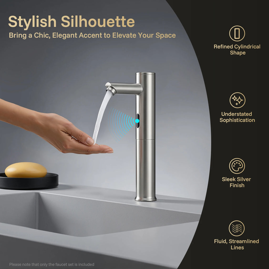 Automatic Sensor Faucet, Touchless Stainless Steel Bathroom Sink Mixer Tap, Hands-Free Cold Water Only with Control Box, Modern Silver Tall Design for Home Hotel Kitchen Hospital, Easy Clean Anti-Rust