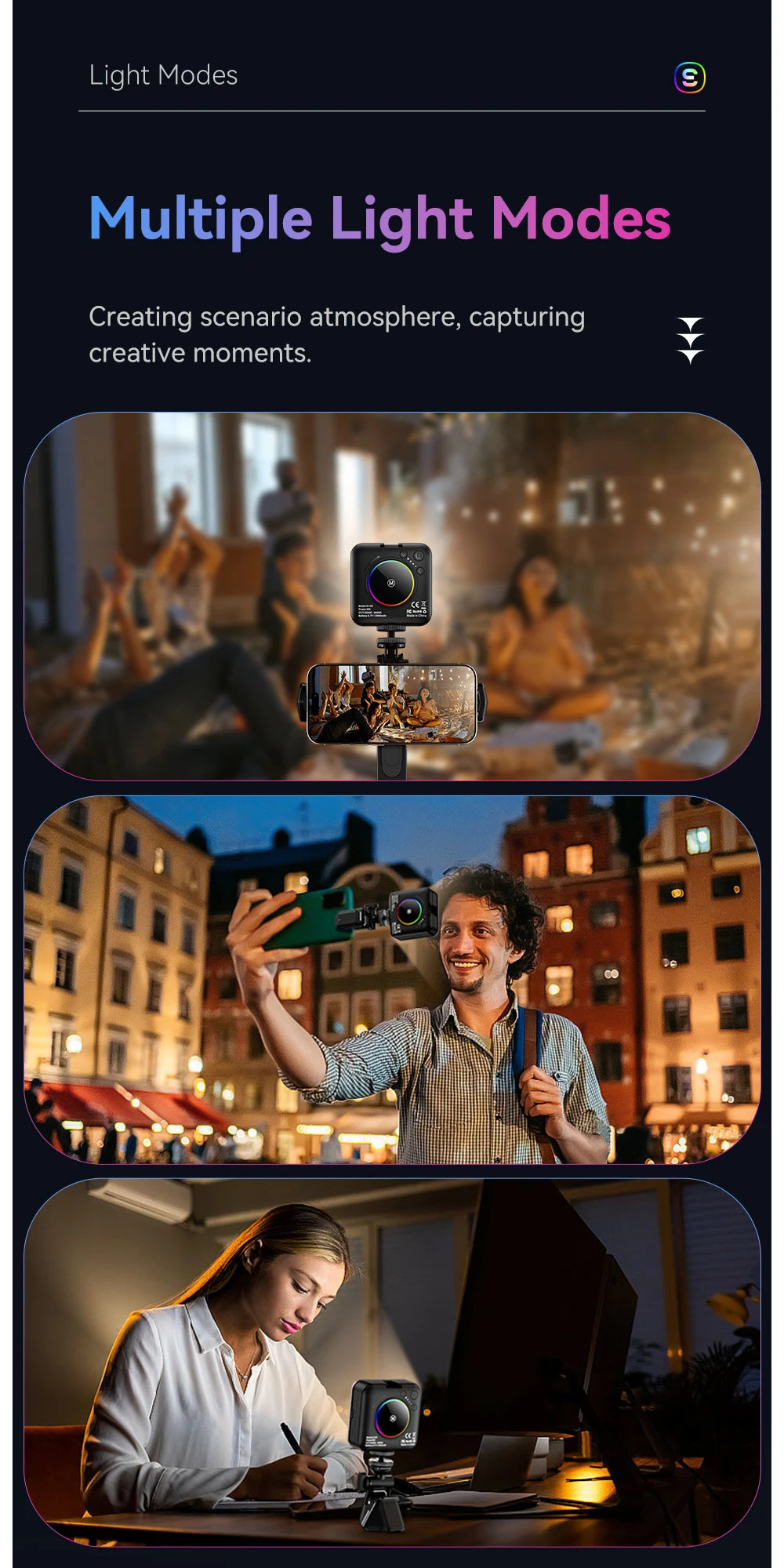 Small black square LED fill light mounted on a smartphone for photography and video lighting.