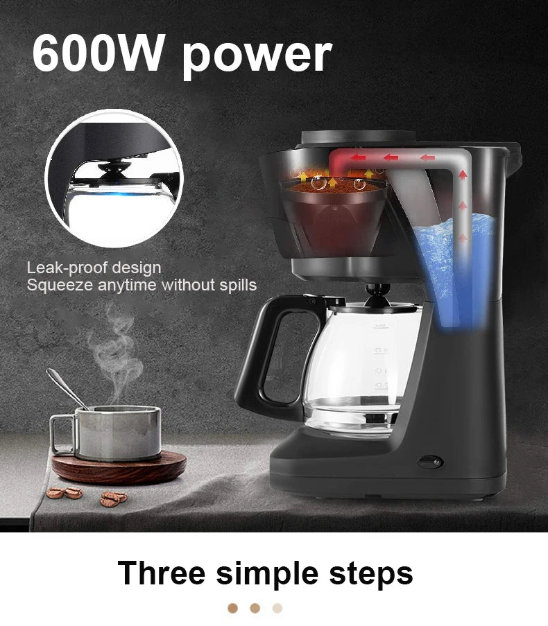 Black 600W drip coffee maker with glass carafe and leak-proof design featuring internal water heating diagram.